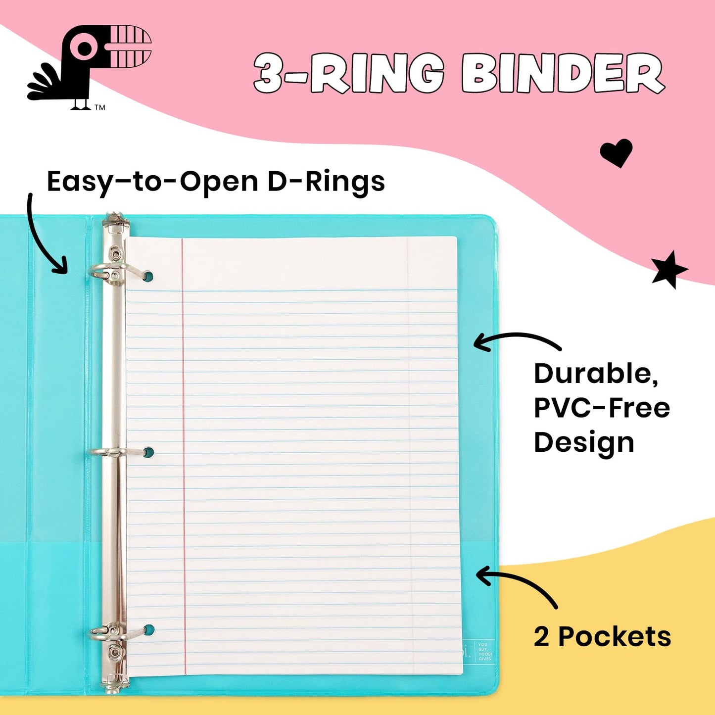 Yoobi 1 Inch Binder Set – 3-Ring Binders with 2 Pockets – Perfect for School or Office – Holds up