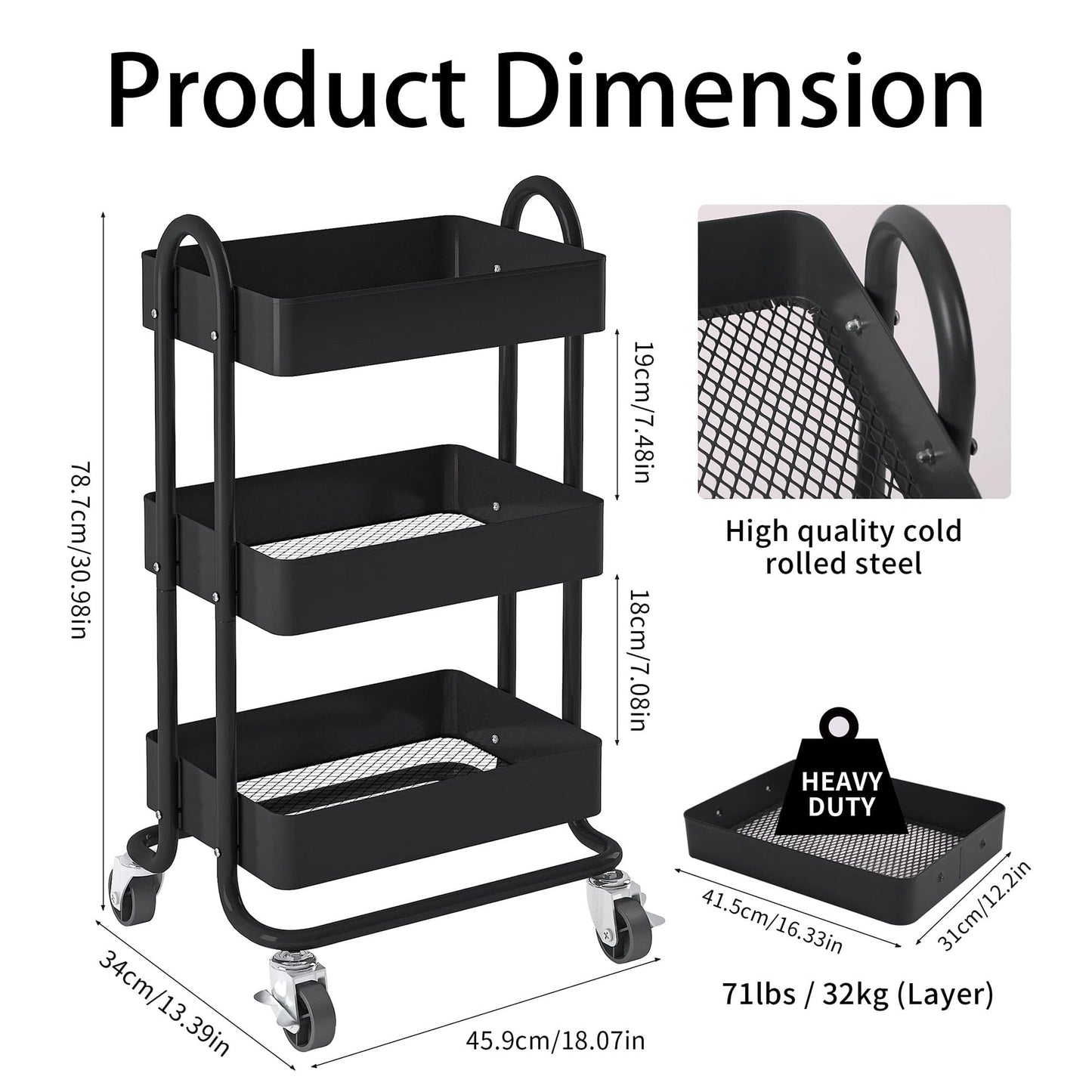 Elitehouse Metal Rolling Cart,3-Tier Metal Rolling Cart with Wheels,3 Tier Utility Cart with Wheels