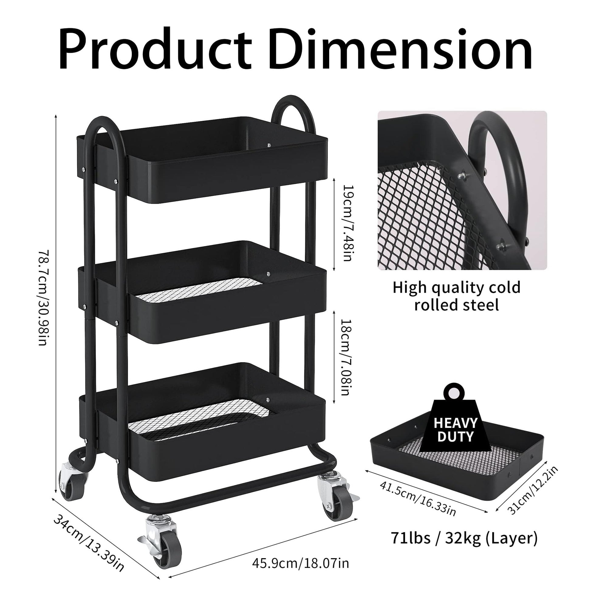 Elitehouse Metal Rolling Cart,3-Tier Metal Rolling Cart with Wheels,3 Tier Utility Cart with Wheels