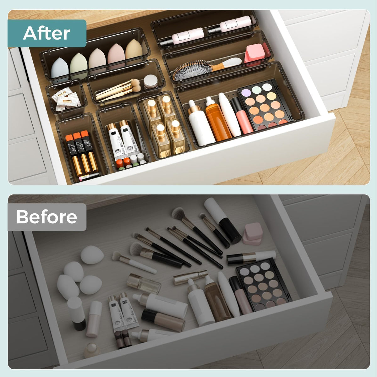 44 PCS Clear Plastic Drawer Organizer Set, 4 Sizes Storage Bins, Black