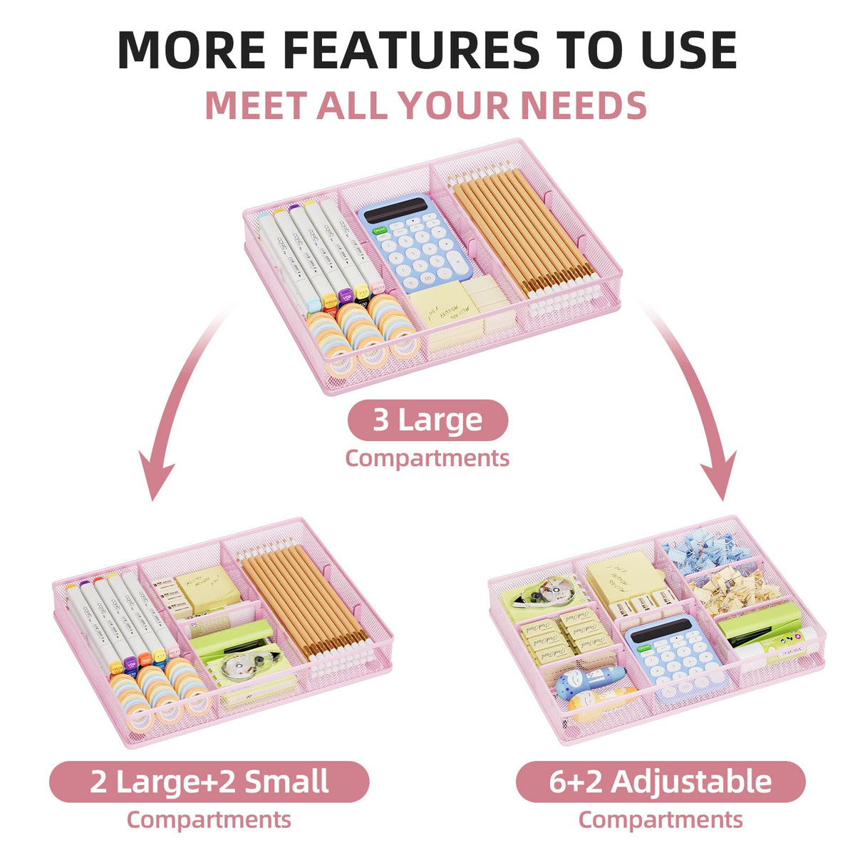 Marbrasse Desk Drawer Organizer, Metal Mesh Drawer Organizer Tray with 5 Adjustable