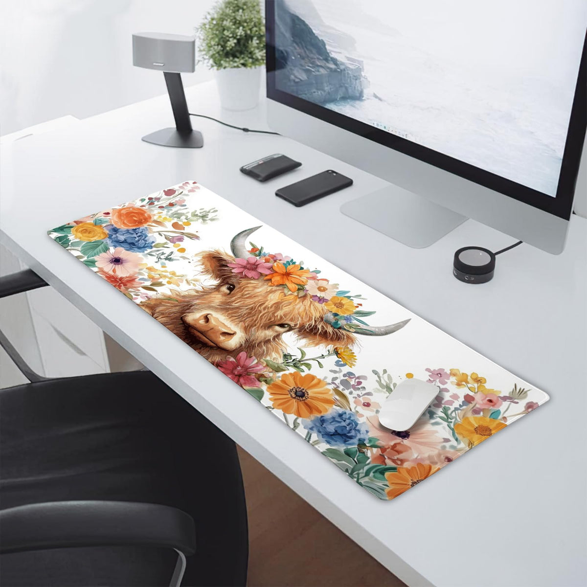 Aesthetic Highland Cow Gaming Mouse Pad XL Cow Print Blue Orange Floral Extended Large Mat Mousepad