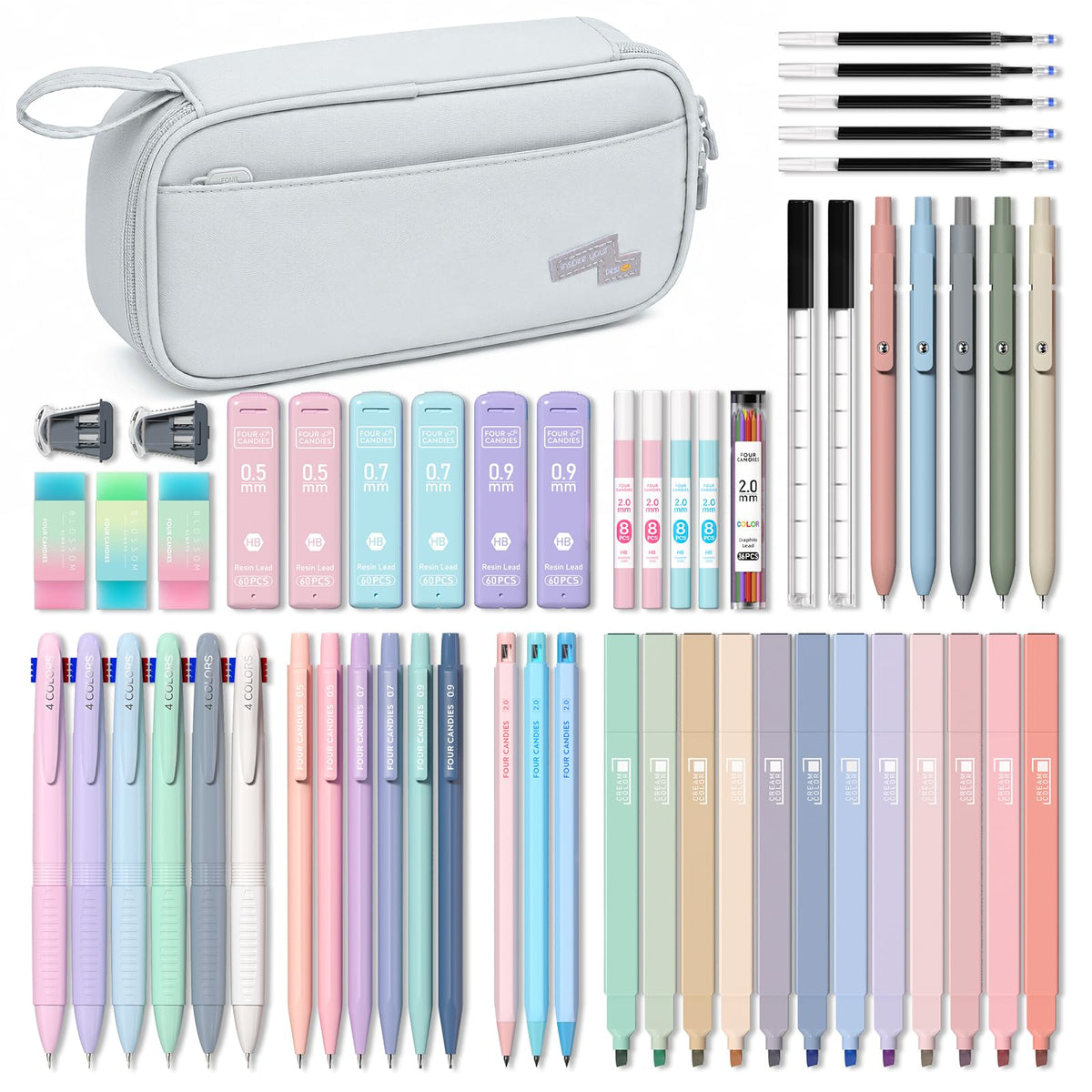 Four Candies 56 PCS Aesthetic School Supplies with Pencil Case (Grey)