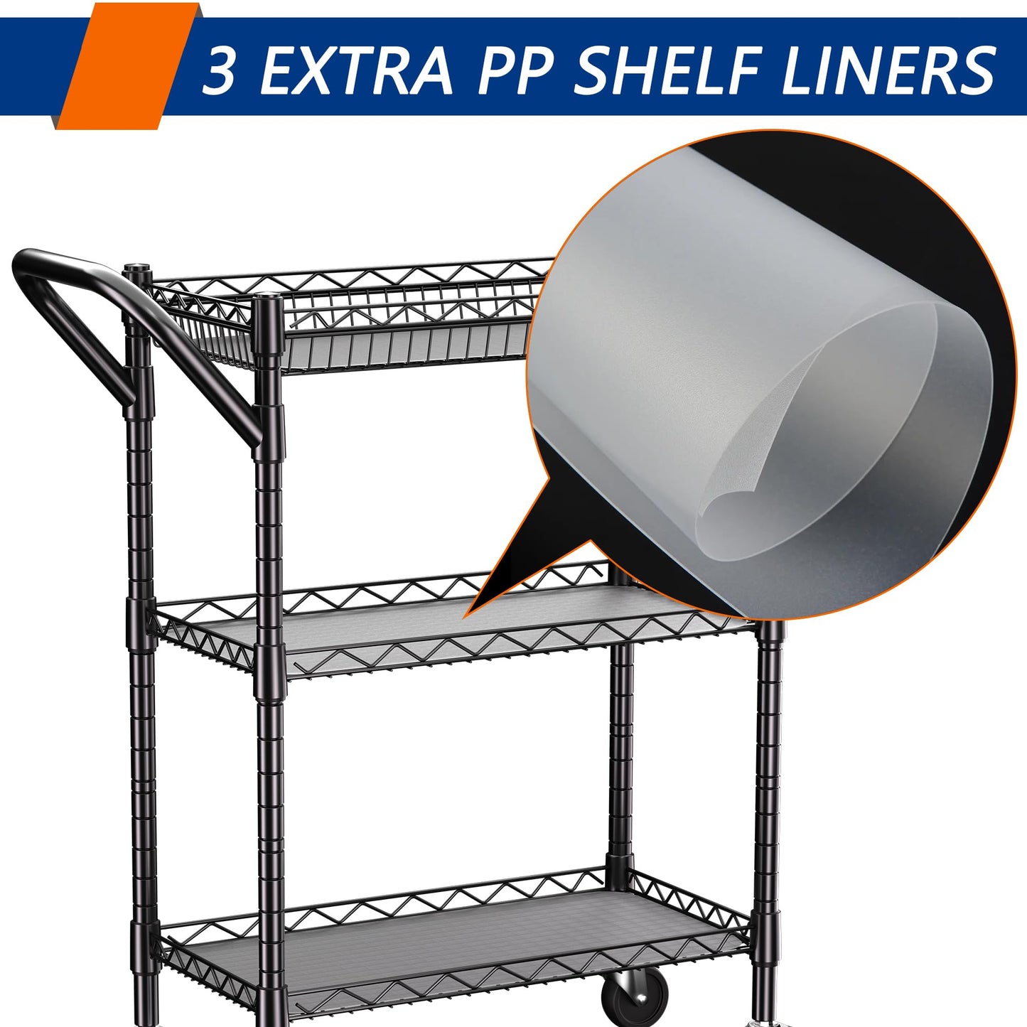 3 Tier Heavy Duty Rolling Utility Cart,18" D x 23.8" W x 36.6" H Rolling Carts with