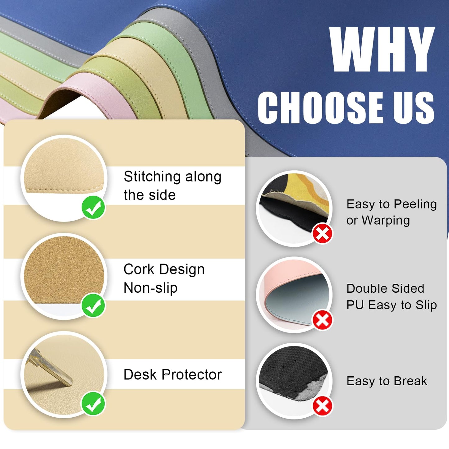 BLESWIN Large Desk Pad 35.4"" x 17"", Non-Slip Desk Mat with PU Leather & Natural Cork, Waterproof