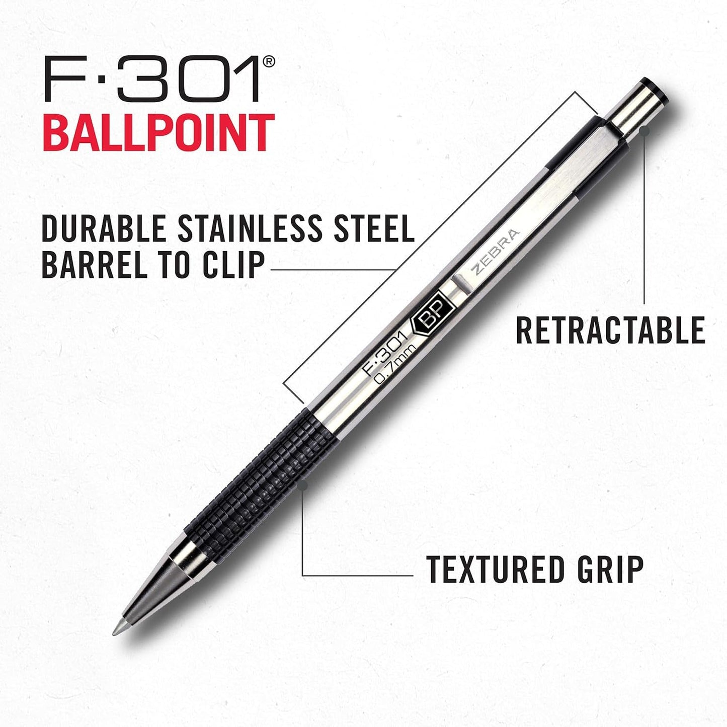 Zebra Pen F-301 Retractable Ballpoint Pen, Stainless Steel Barrel, Fine Point 0.7mm, Non-Slip Grip
