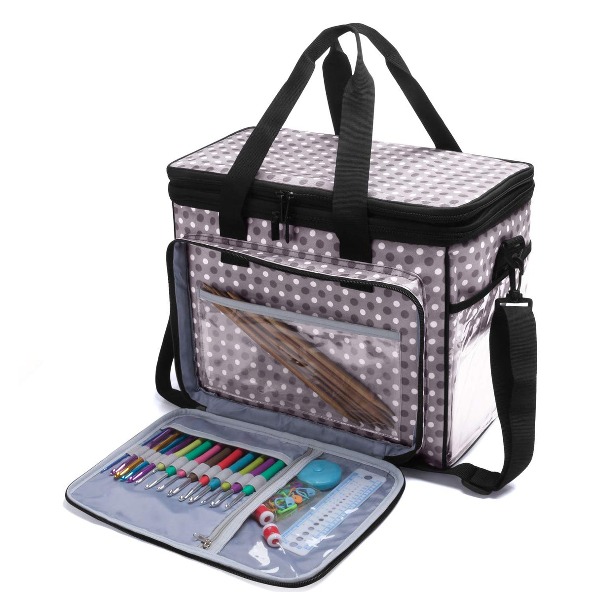 Teamoy Crochet Bag Knitting Bag Yarn Storage Tote, Yarn Organizer, Gray Dot