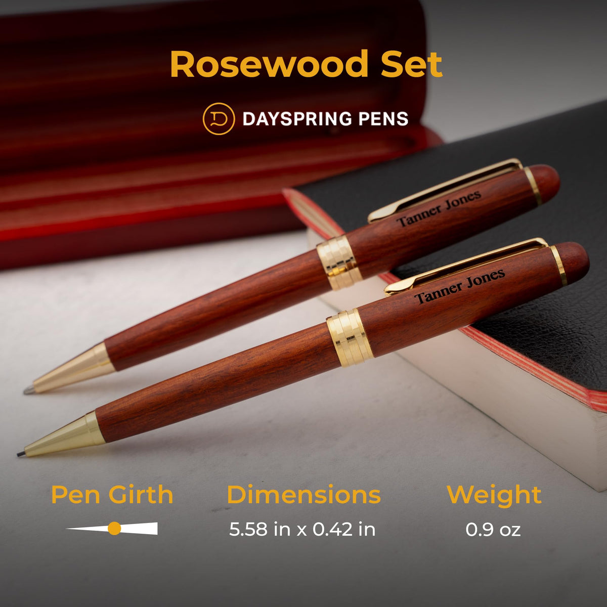 Dayspring Pens Personalized Rosewood Ballpoint Pen & Pencil with Wood Case
