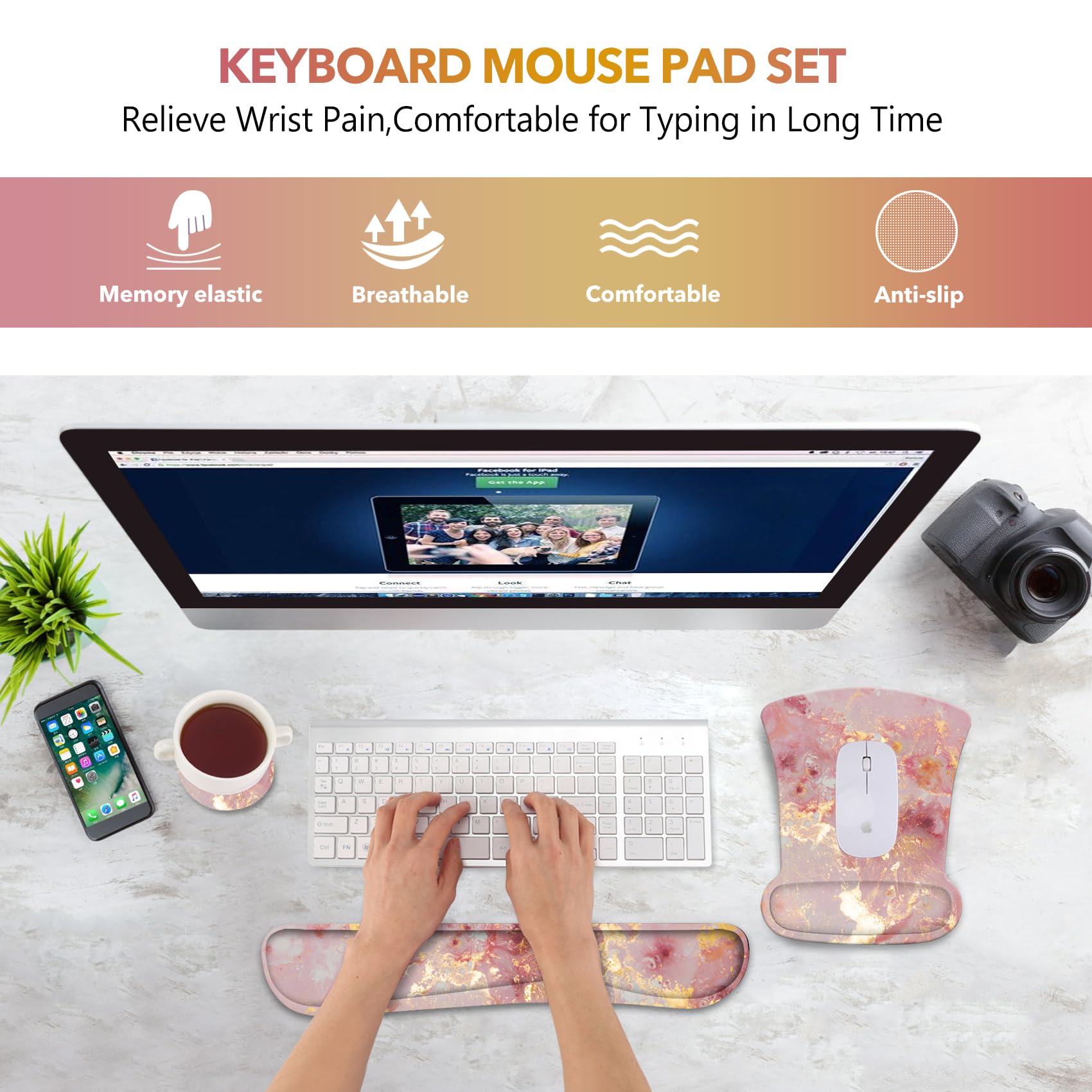 AIMSA Mouse Pad Wrist Support Set Keyboard Wrist Rest, Ergonomic Memory Foam Non-Slip Base Easy