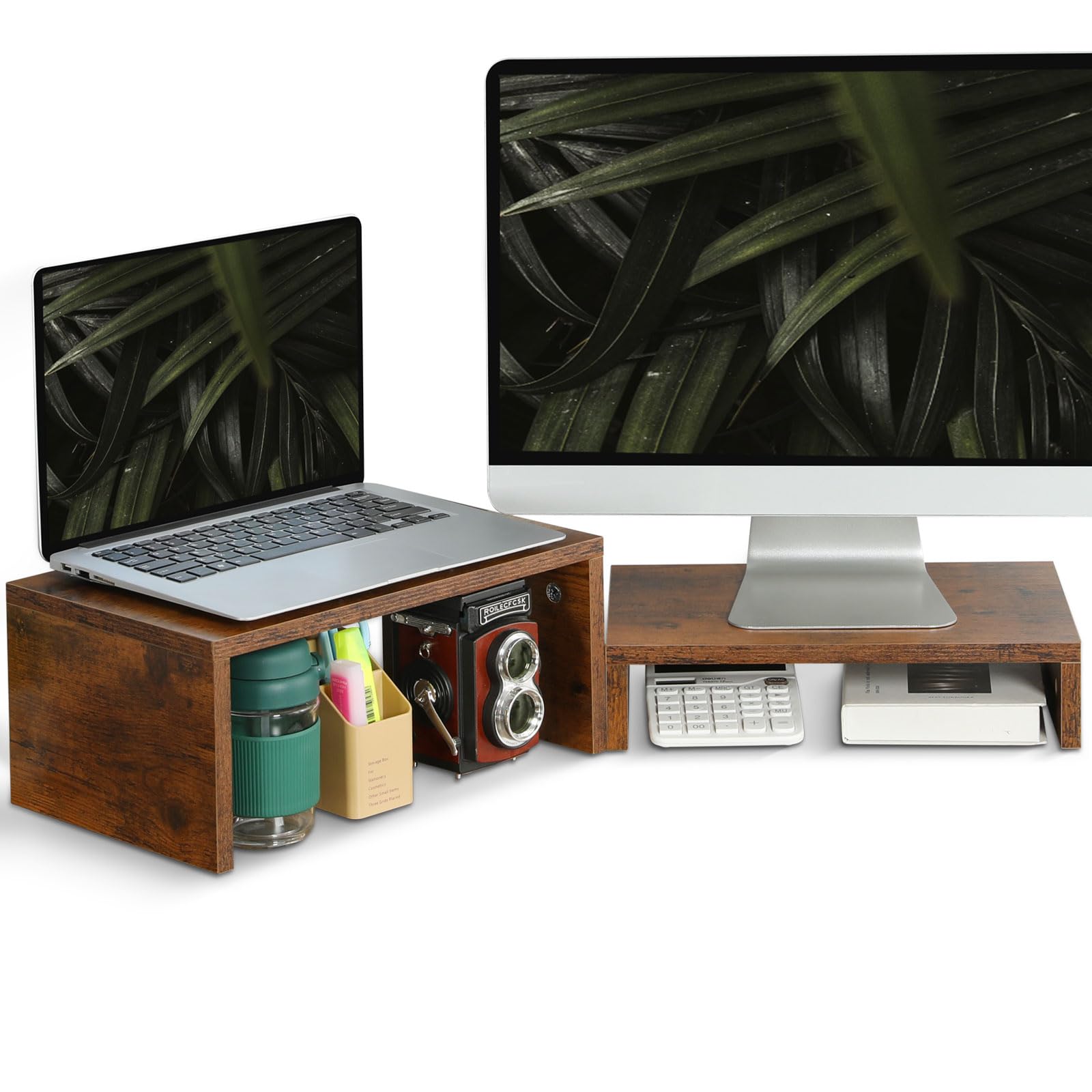 TEAMIX 2-Pack Monitor & Laptop Stand Riser, Wood High-Low Dual Monitor Set