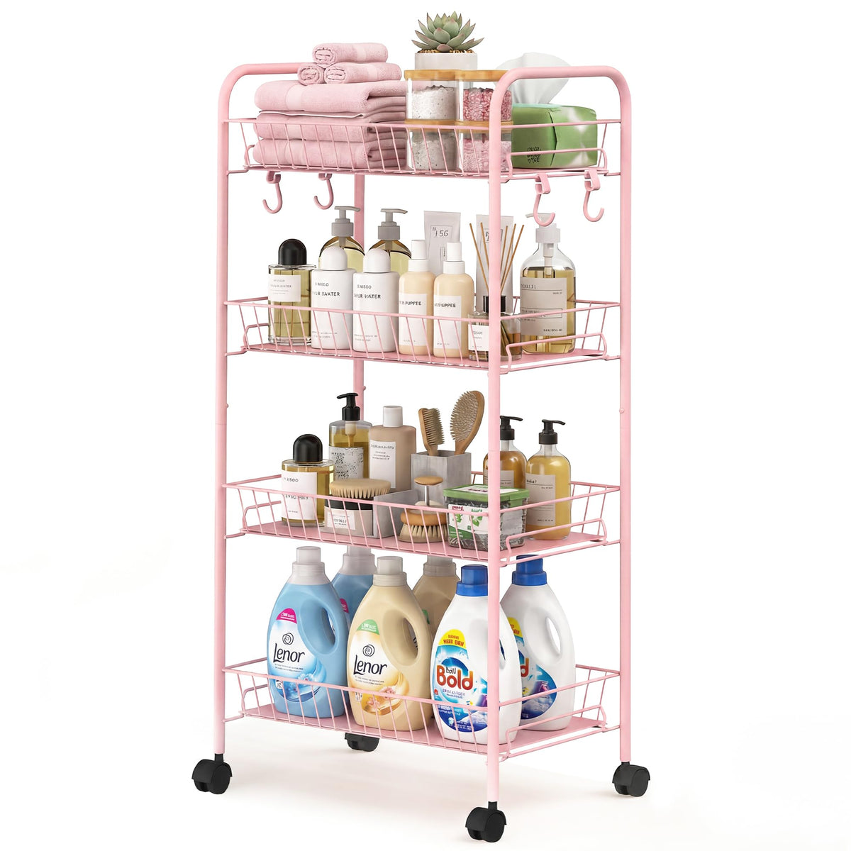 PLKOW 4-Tier Rolling Utility Cart with Detachable Baskets, Pink