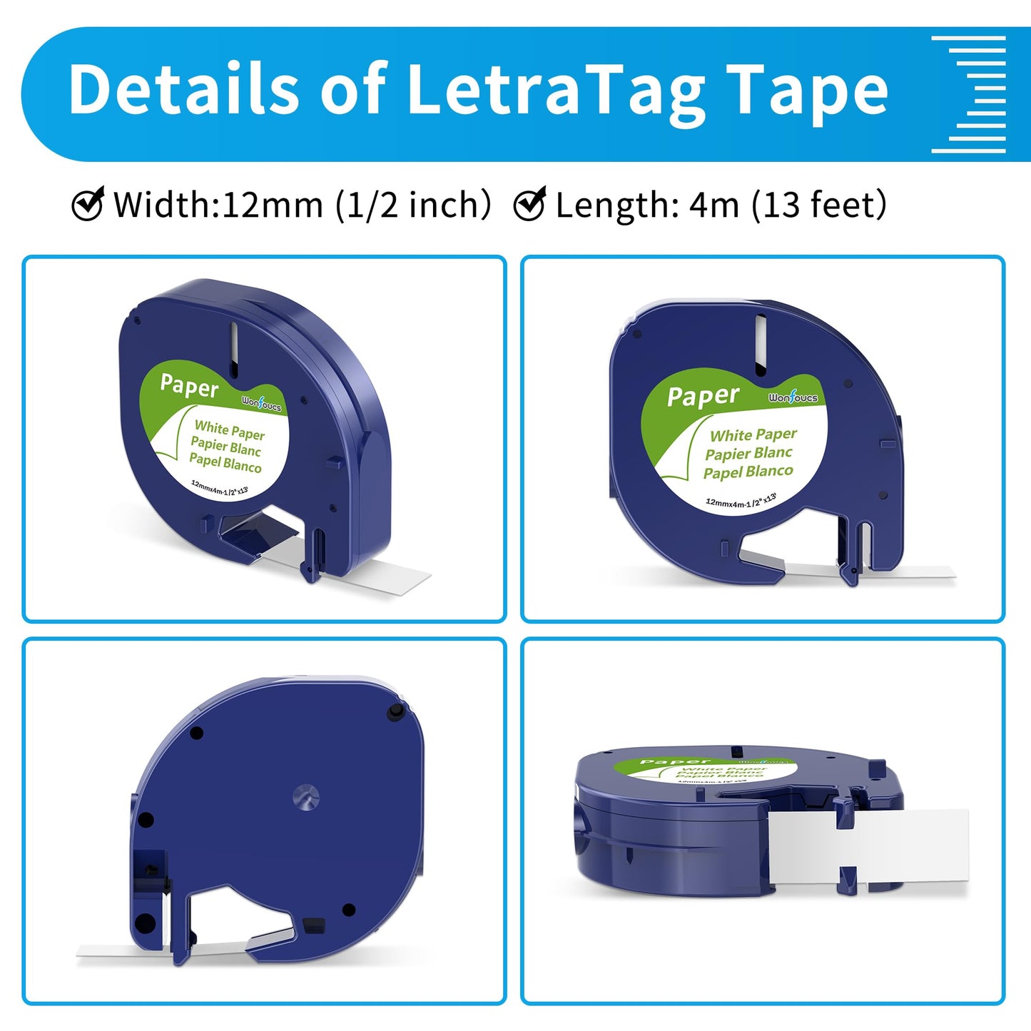 20-Pack Wonfoucs Label Tape Replace for Dymo LetraTag White Paper Refill