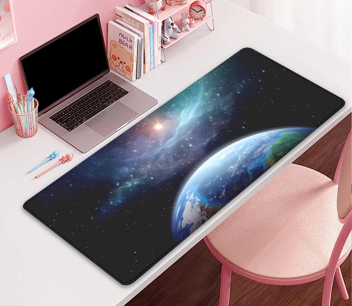 Earth and Starry Sky Large Desktop Mouse Pad, Desk Mat for Keyboard and Gaming, Office Home Work