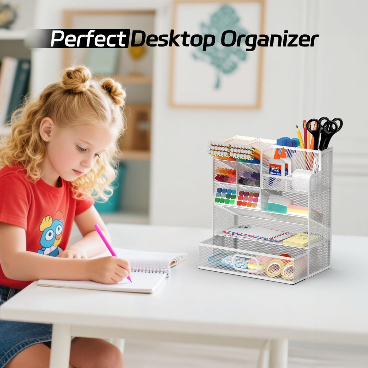 ReePlan Mesh Pen Organizer for Desk, 13 Compartments with Drawer, White