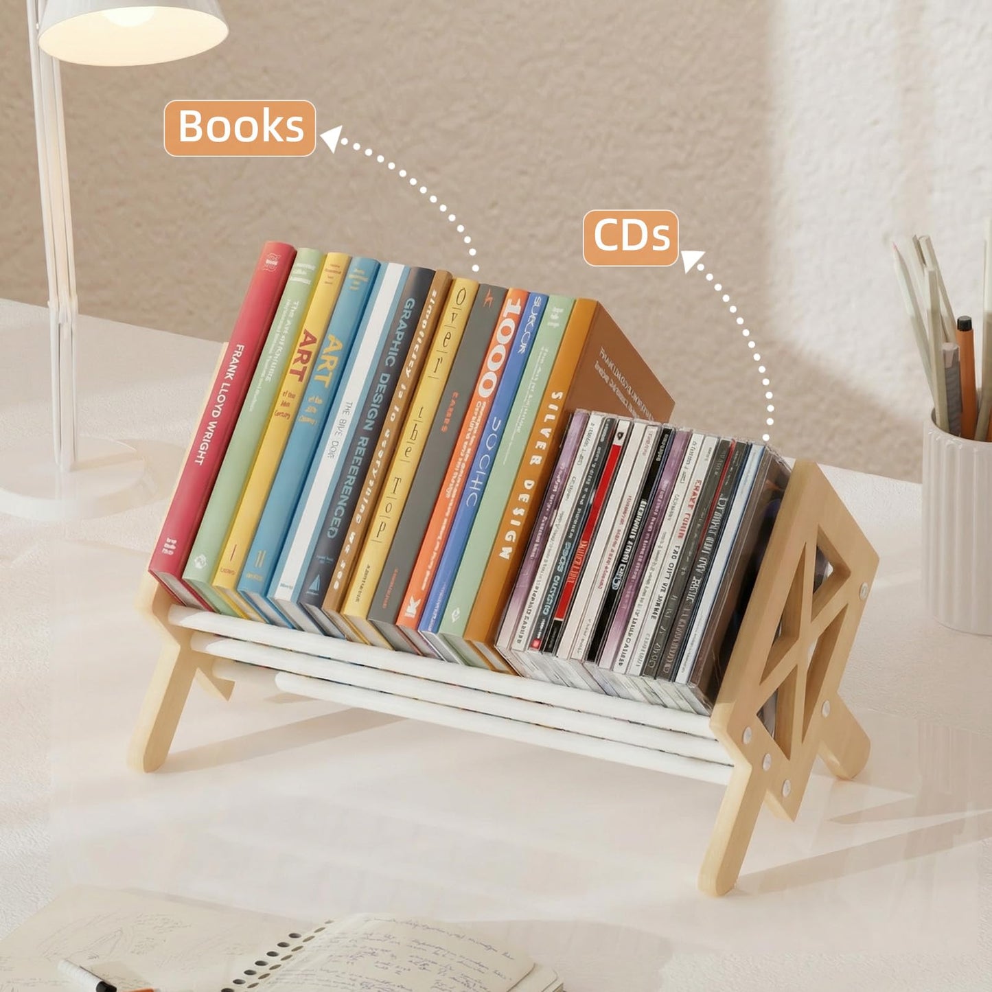 ART-GIFTREE Desktop Bookshelf Organizer, Wood Office Tabletop Book Storage Rack, Tilting Bookcase