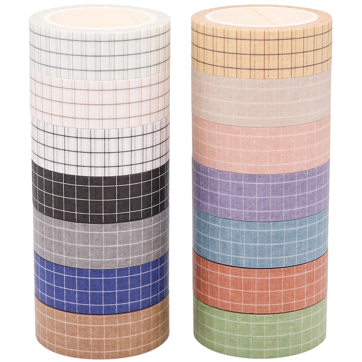 Knaid Grid Washi Tape Set, 14 Rolls of 15 mm Wide Decorative Colored Masking Tapes for