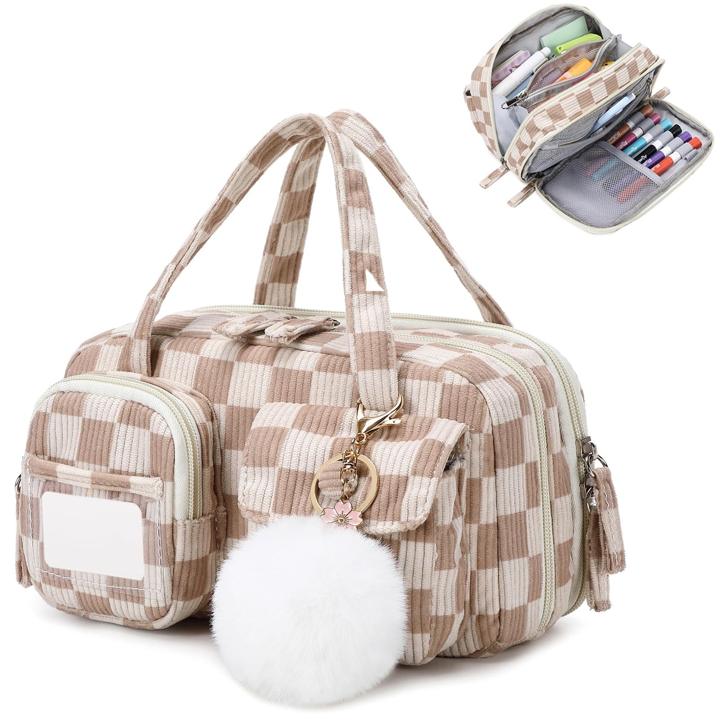 QIXIHU Pencil Case Corduroy Multiple Compartments Pouch Bag for Girl, Khaki