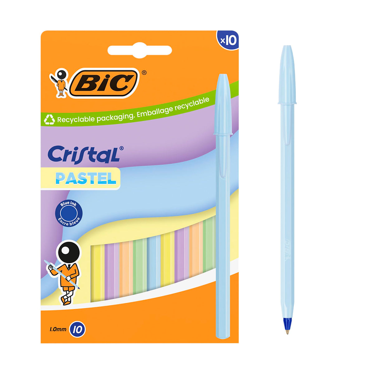 BIC Cristal Pastel Ball Pens Medium Point (1.00 mm) Refillable Blue Ink - Assorted Pastel Barrels
