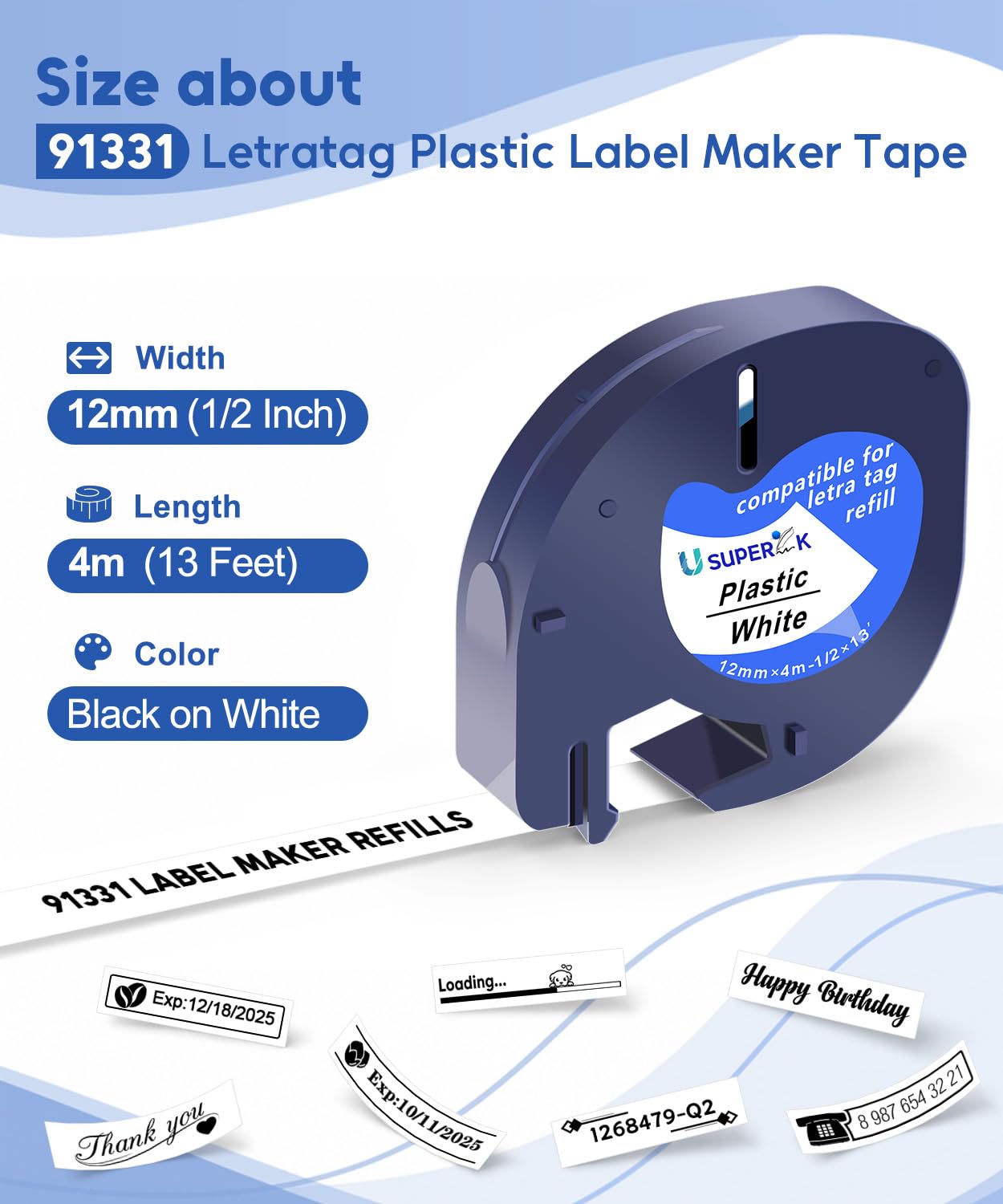 10PK White Plastic Tape 91331 Replace for Dymo LetraTag Refills 12mm x 4m