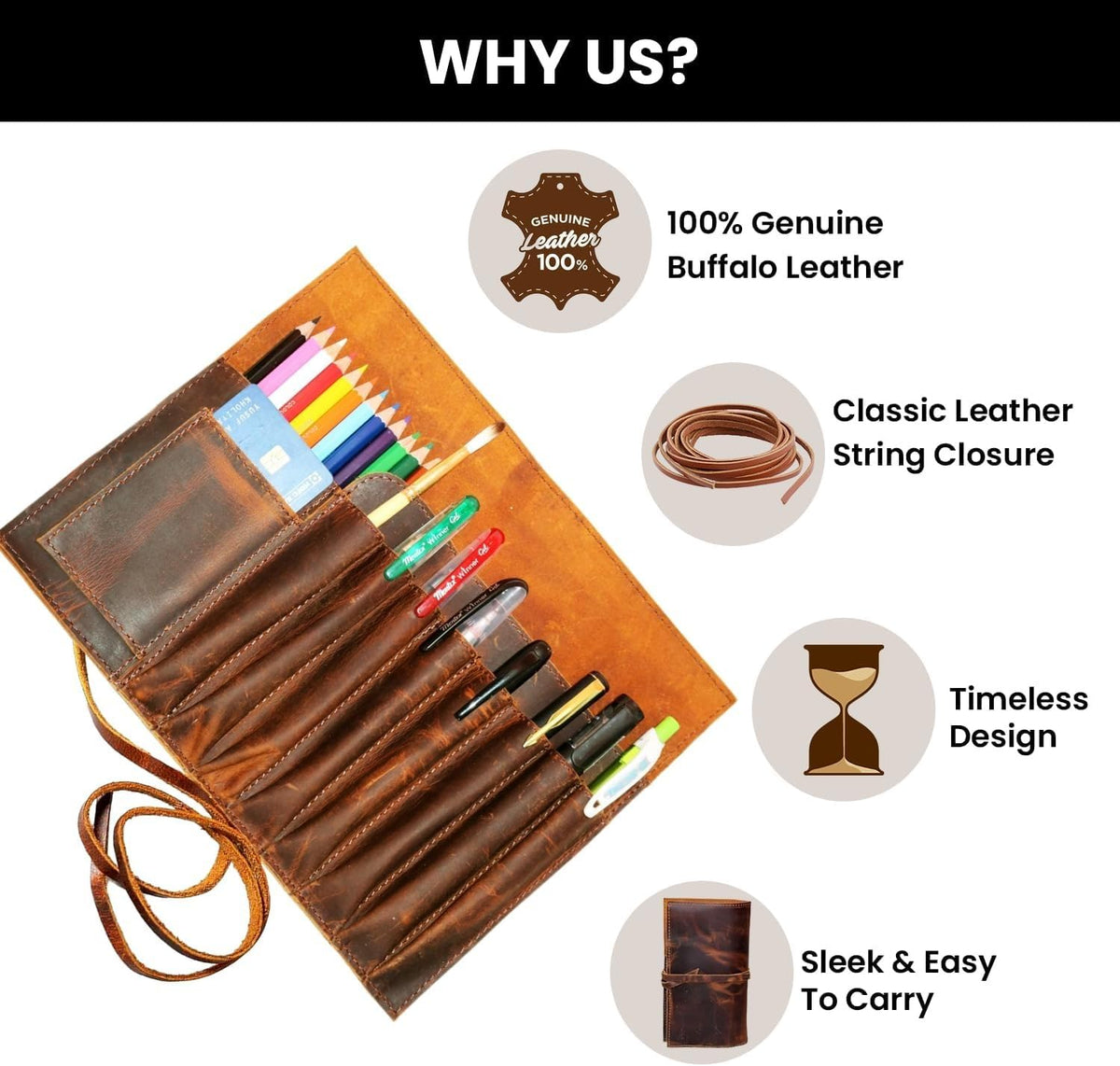 Jaald Genuine Leather Pencil Roll Brush Case Pen Holder Organizer Brushes Ruler Stationary Pouch