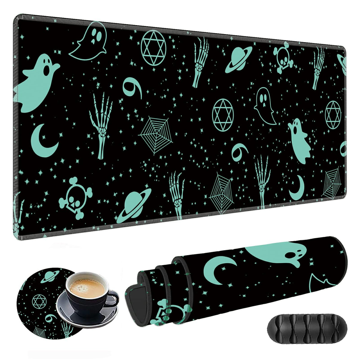 Large Gaming Mouse Pad Plus a Coasters + Cable Clips, Skull Moon Gothic Extended Mousepad (31.5 x