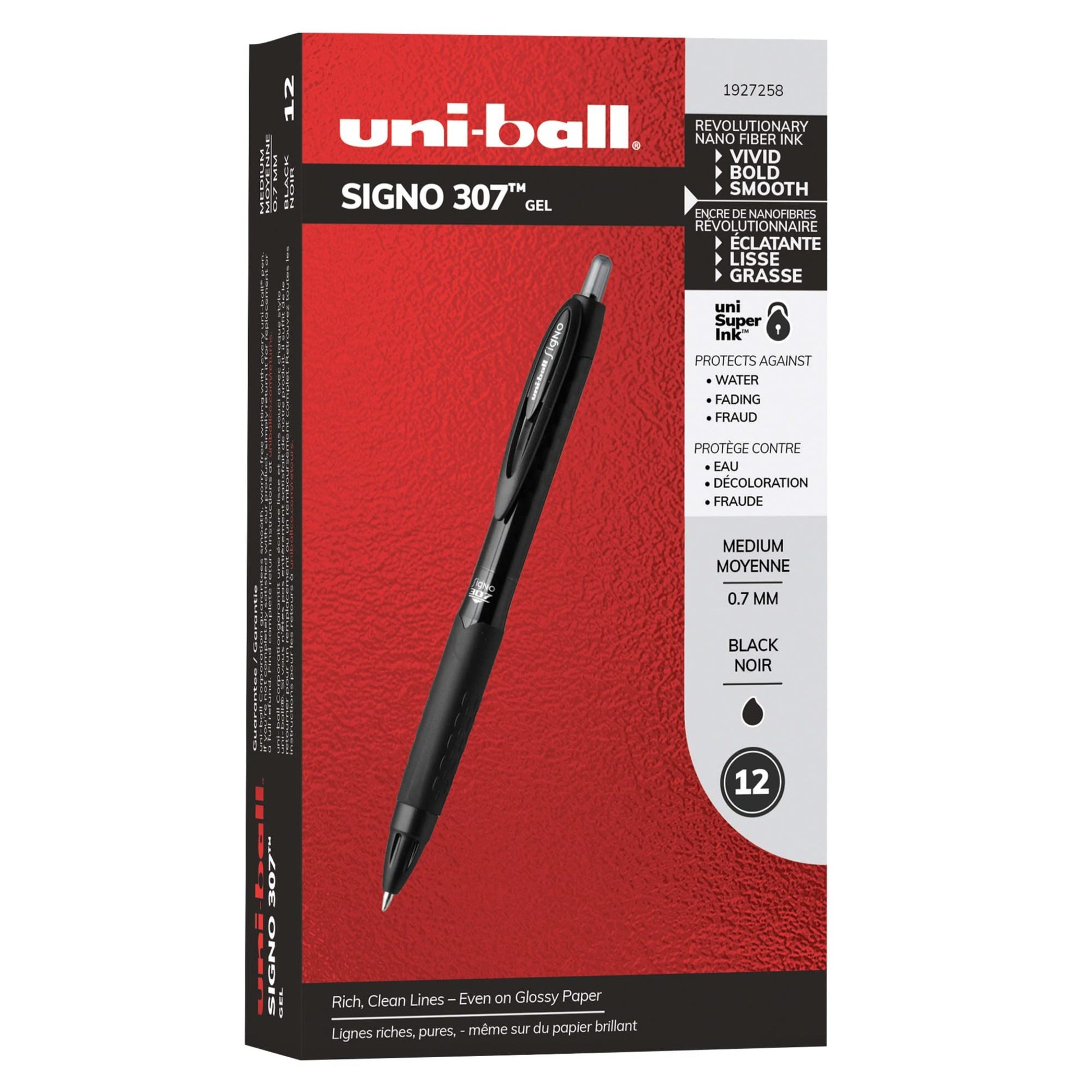 Uniball 307, 0.7mm Medium Point Gel Pens 12 Pack Black Colored Pens, Pens Fine Point, Smooth