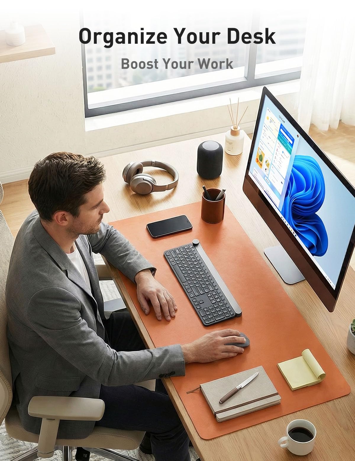 Aothia Faux Leather Desk Mat - Large Mouse Pad, Non-Slip PU Leather Blotter, Waterproof Writing