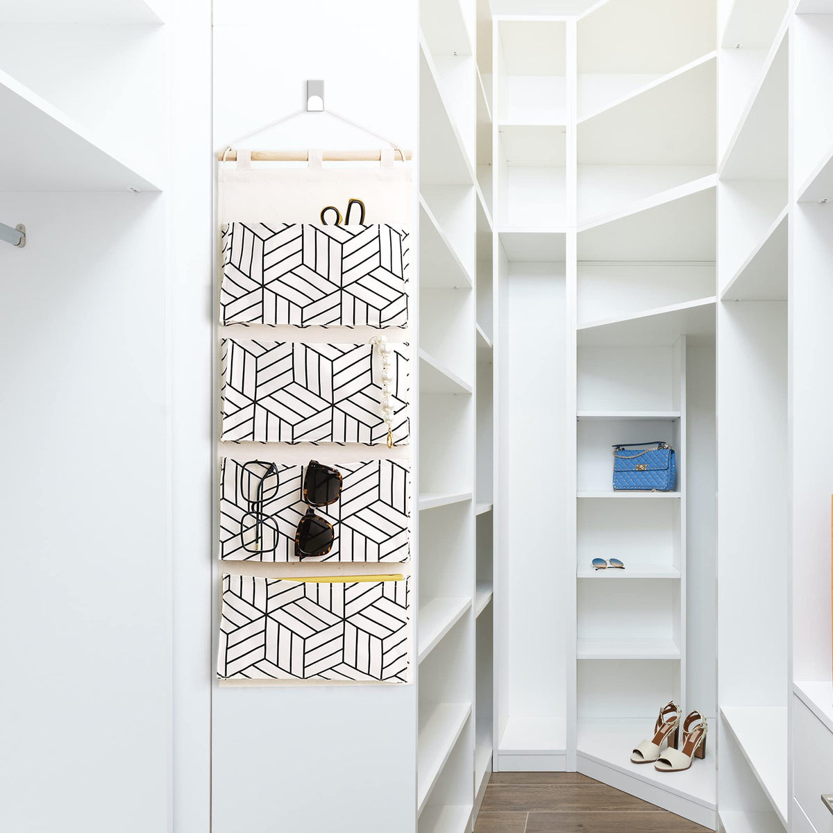 CROWNED 2Pcs Over Door Hanging Storage Bags Wall Mount Closet Organizer, 4 Big Pockets Linen Cotton
