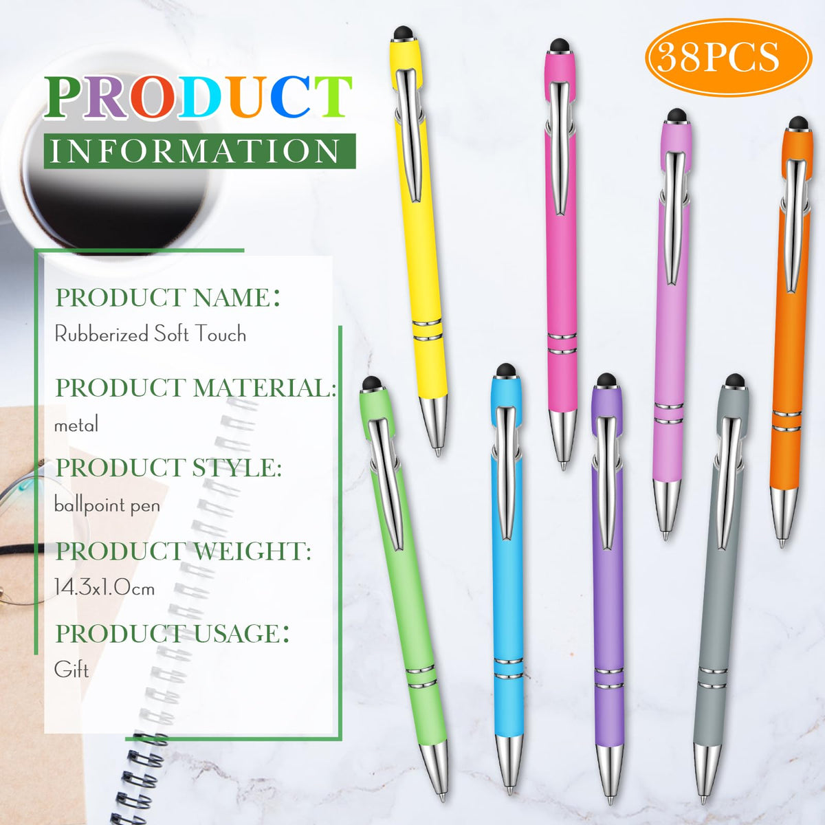 Zonon 38 Pcs Stylus Ballpoint Pens, Metal Rubberized Grip, Macaron Colors