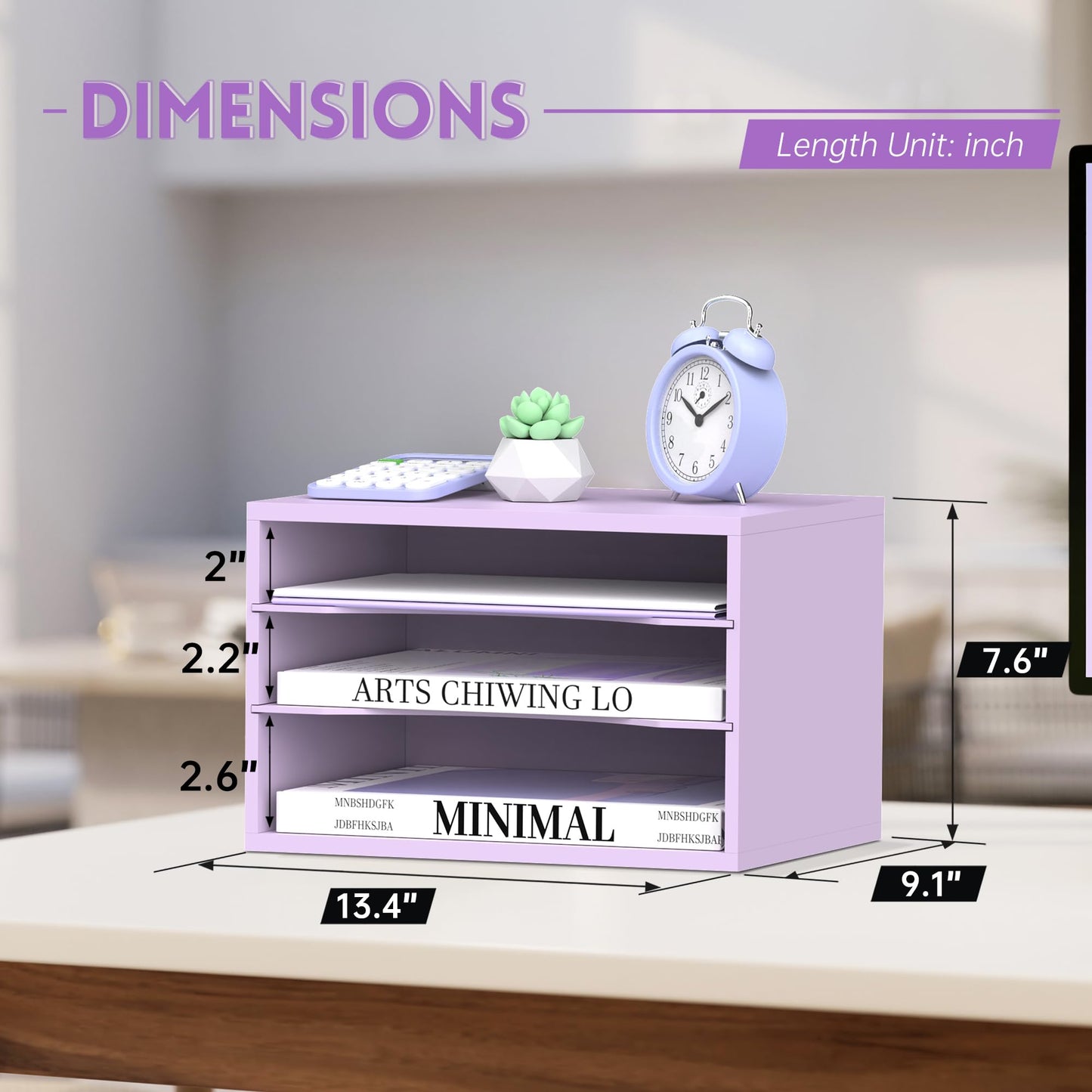 3 Tier Wood Desk Organizer, Paper Organizer for Desk, Purple