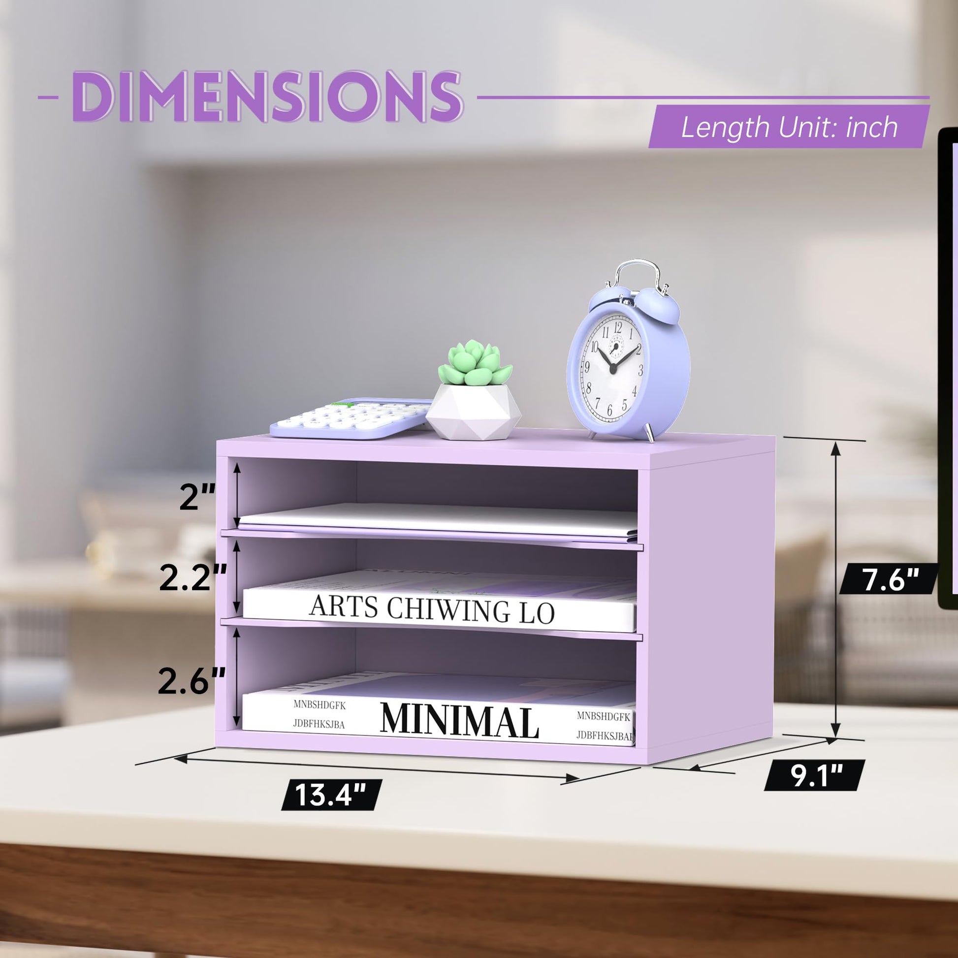 3 Tier Wood Desk Organizer, Paper Organizer for Desk, Purple