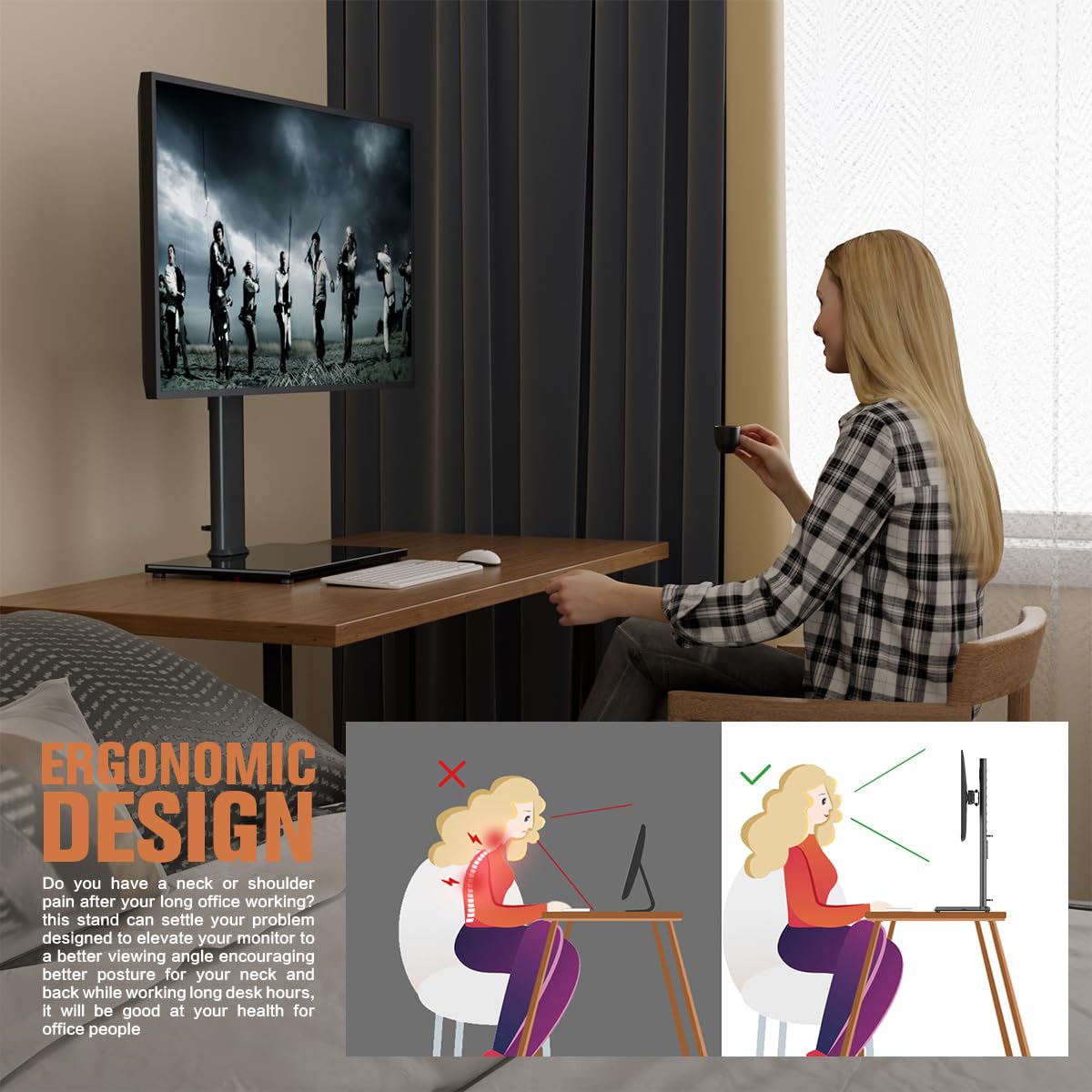 Single Monitor Stand Freestanding 27-43 Inch Monitor Arm Curved Screen Monitor Mount Tempered Glass