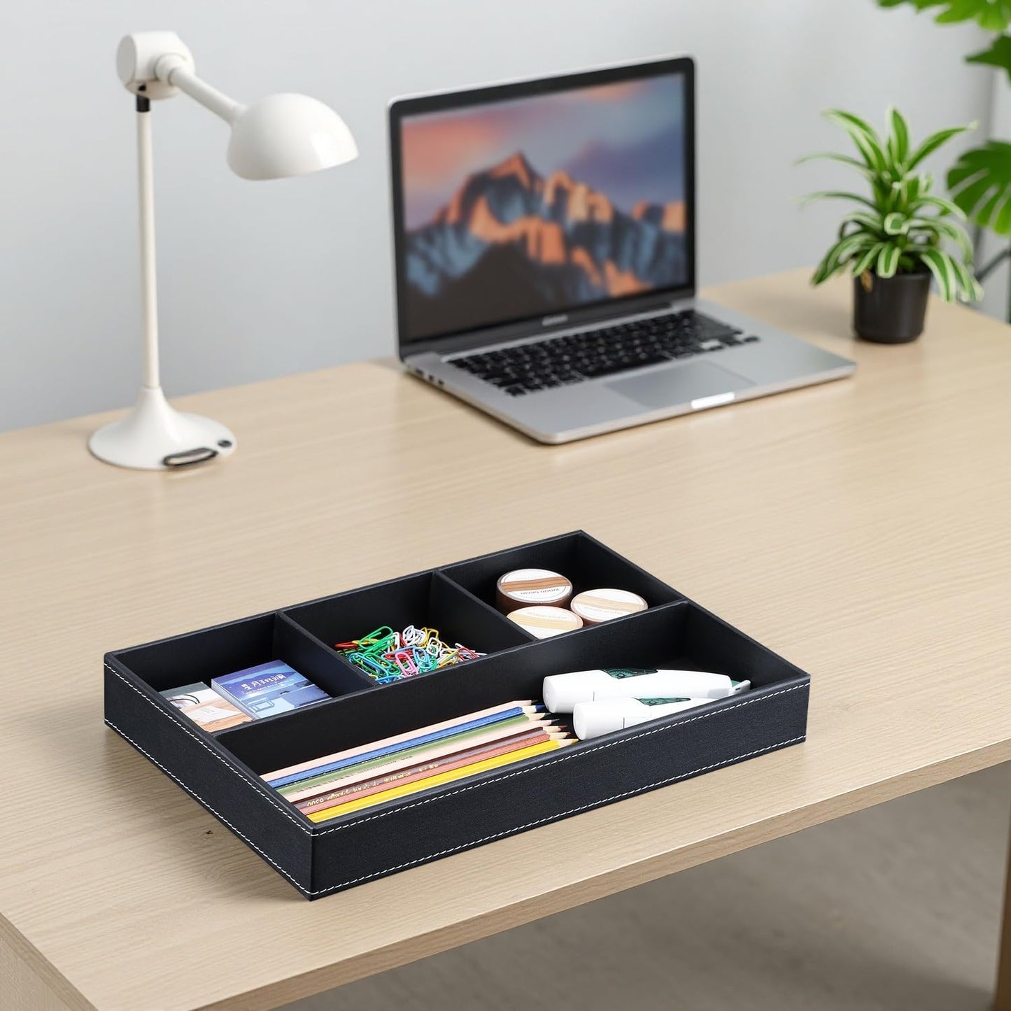 KINGFOM Pu Leather Desk Organizer Tray, 4 Compartment Office Storage Supplies Stationery Drawer