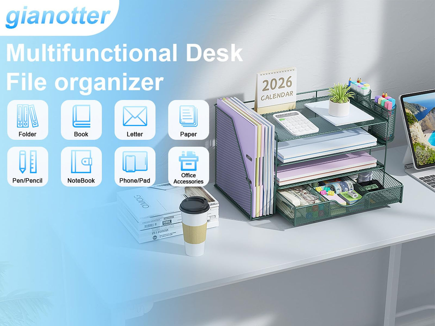 gianotter 4-Tier Desk Organizer with Drawers, File Holders, Letter Trays and Pen Holders