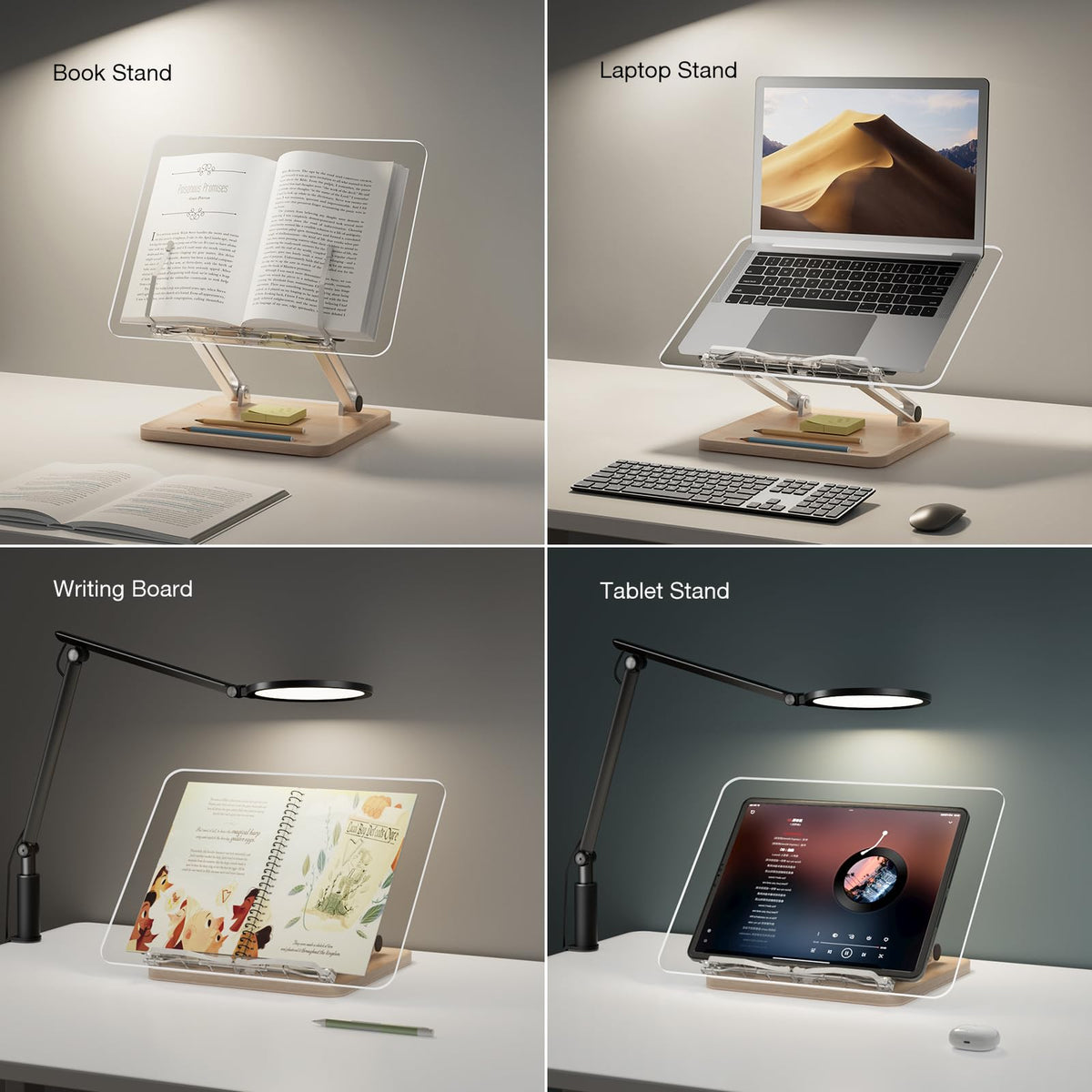 Acrylic Book Stand with Storage Base, Dual Aluminum Arm Reading Holder
