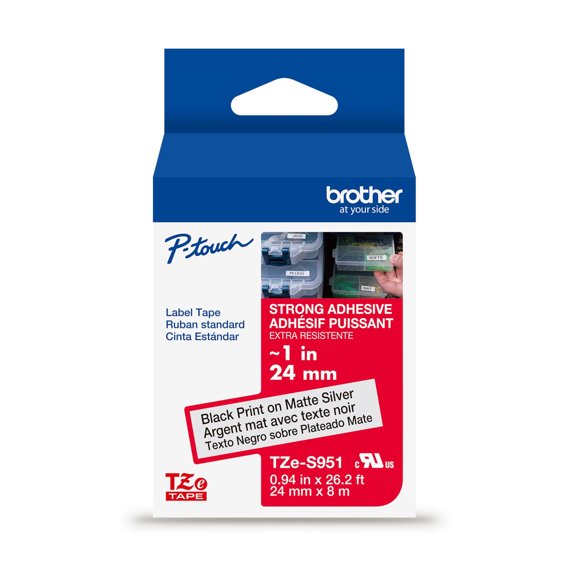 Brother Genuine P-Touch TZe Black Print on Matte Silver Label Tape (TZeS951), Strong Adhesive