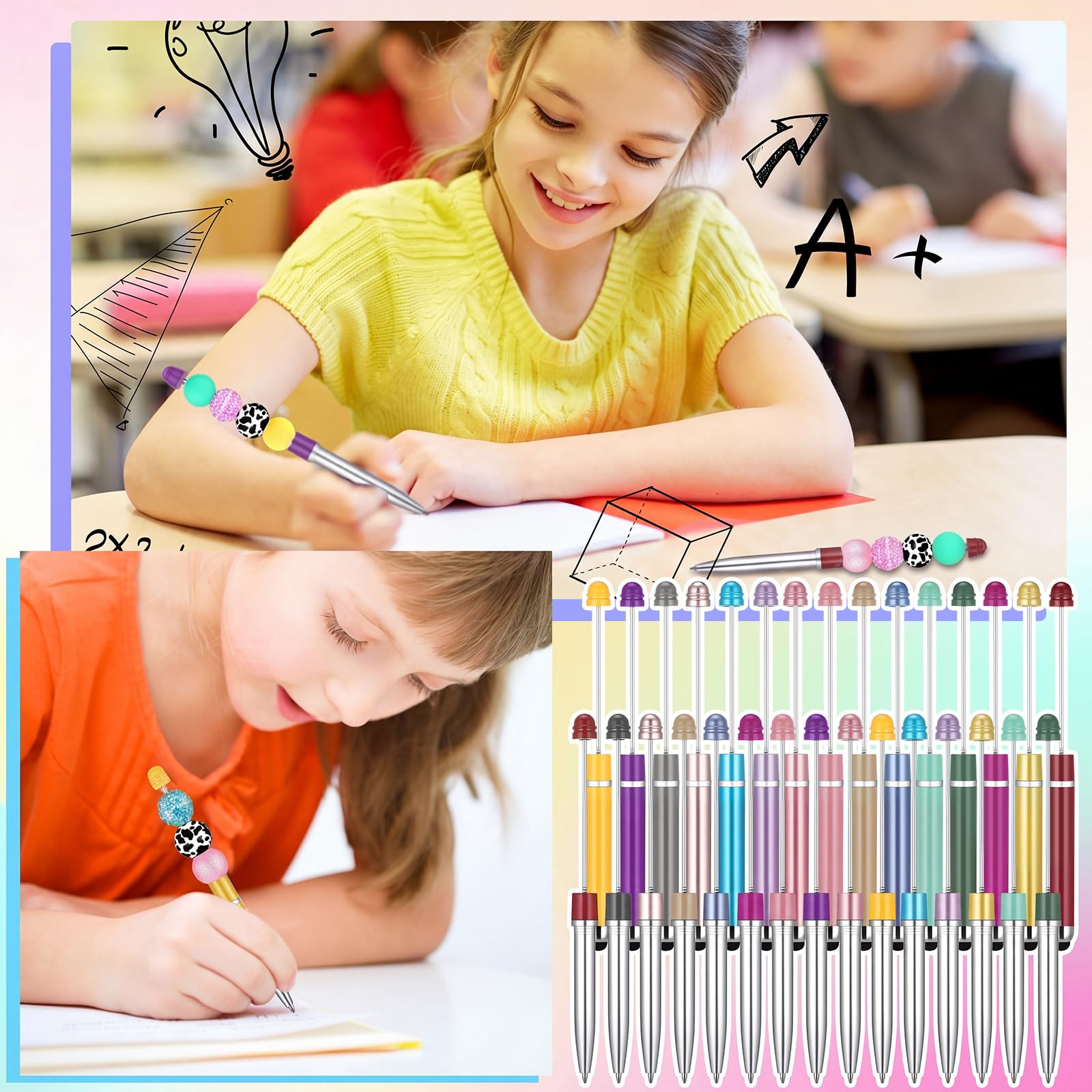 Qilery 30 Pcs Beaded Pens with Stylus Tips Plastic Beaded DIY Stylus 2-in-1 for Rubber Touch Screen