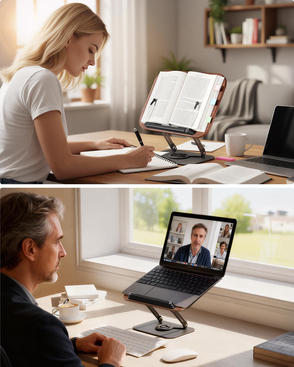 Viozon Book Stand for Reading,Book Holder, Height&Angle Adjustable, 360° Rotating Base, Foldable
