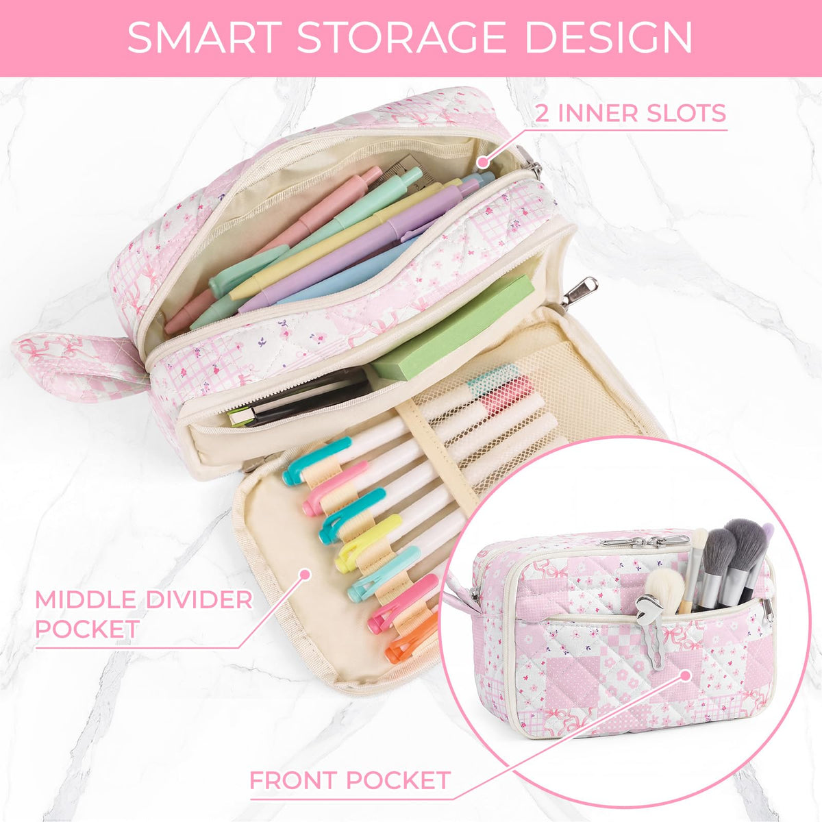 WOBAGMEN Quilted Pencil Pouch for Girls Women, Large Pencil Case Pouch with Compartments Cute