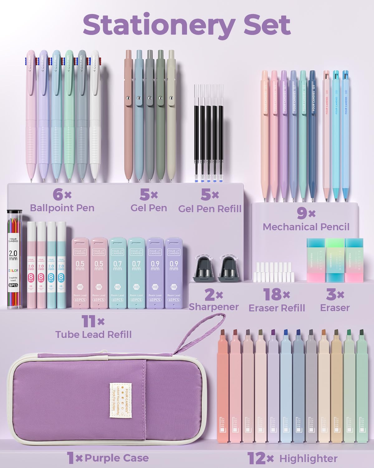 Four Candies 56PCS School Supplies with Pencil Case, Stationery Set, Purple