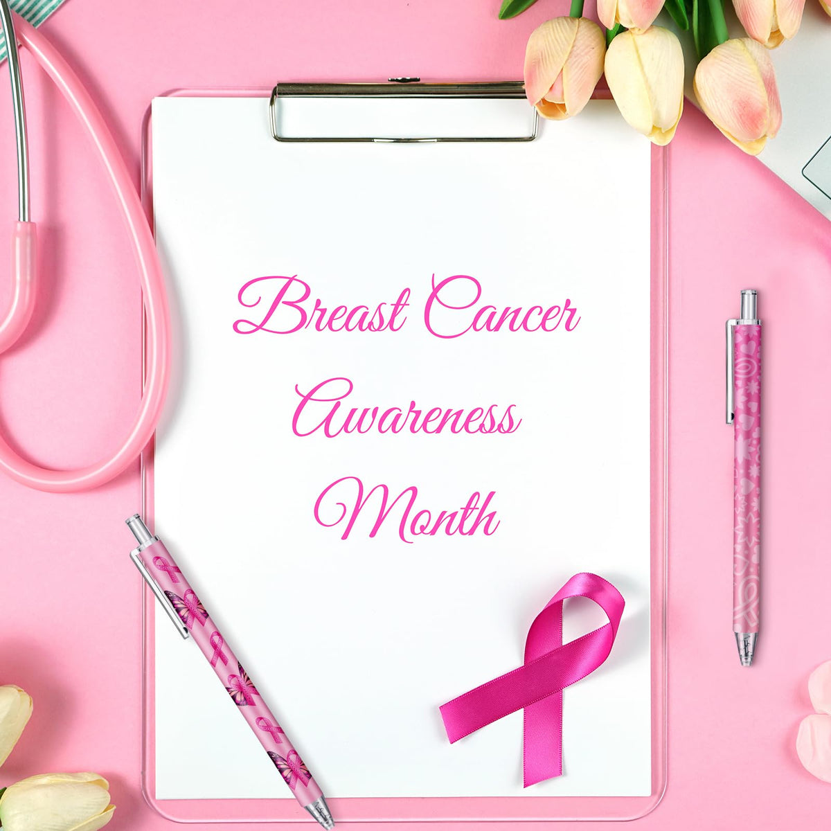 Leinuosen 72 Pcs Breast Cancer Awareness Pen Bulk Pink Ribbon Ballpoint Pen