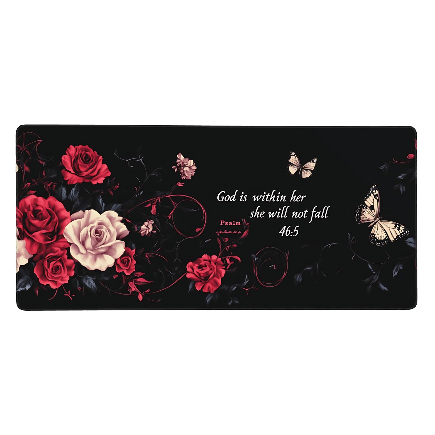 Floral Aesthetic Rose Gaming Mouse Pad, Black Red Gothic Desk Mat with Anti-Slip Base & Stitched