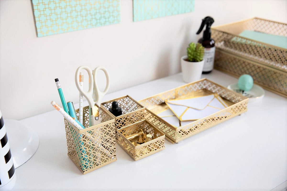 BLU MONACO | Gold Desk Organizer Set for Women 6 Piece | Mail Sorter Organizer Countertop with