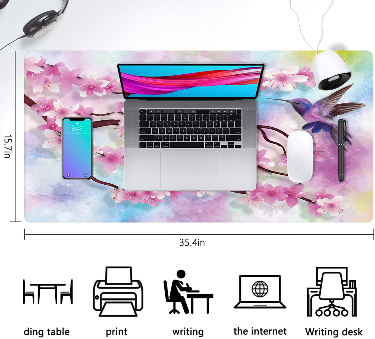 Extended Large Gaming Mouse Pad Spring Peach Blossoms and Hummingbirds XXL Size Keyboard Mouse Mat