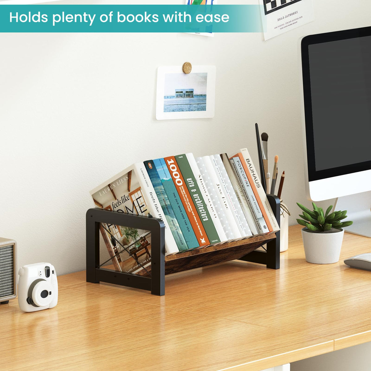 ELITEROO Desktop Bookshelf Organizer, Wood Slanted Desk Bookshelf, Small Tabletop Book Rack