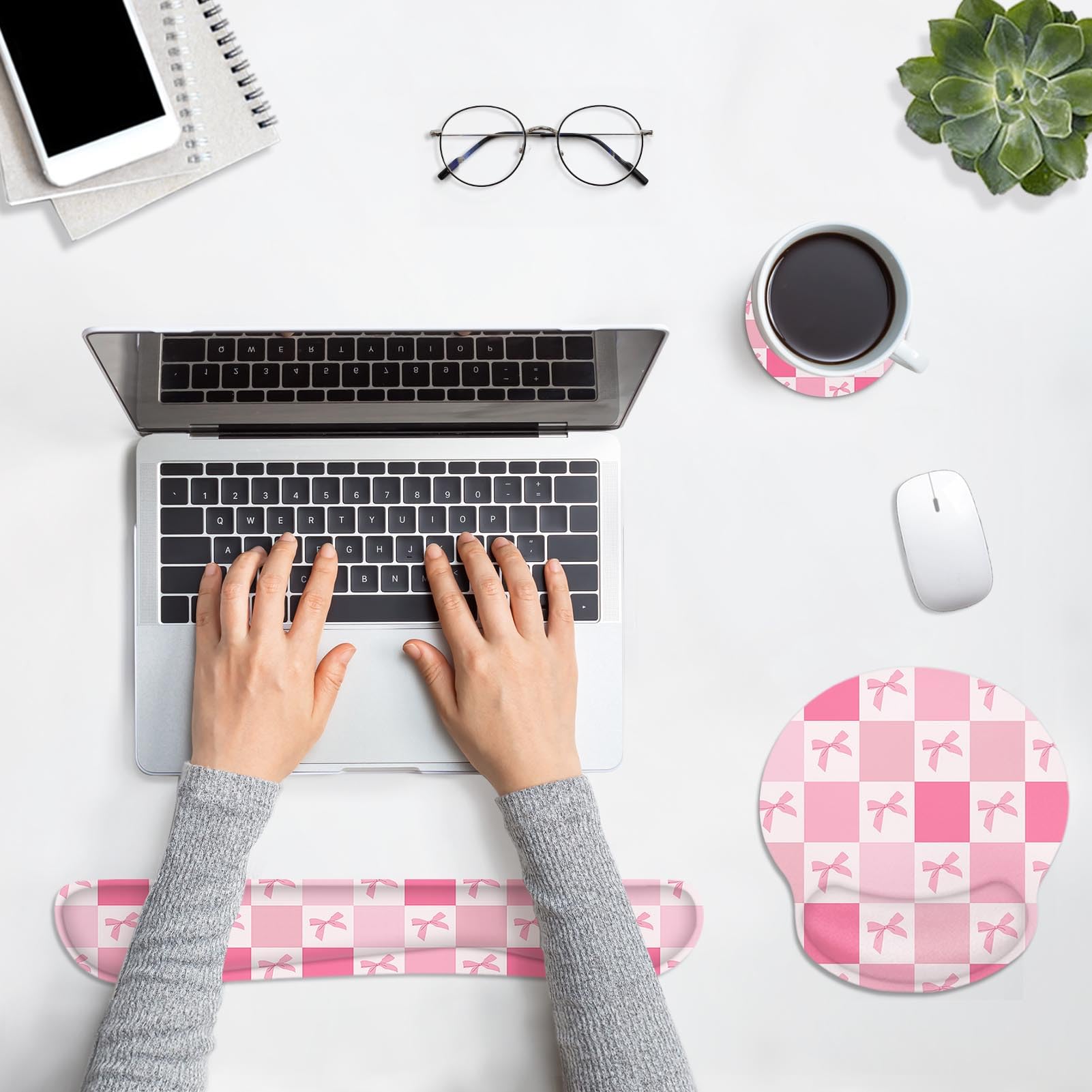 Britimes Ergonomic Mouse Pad Set with Wrist Rest, Pink Bow