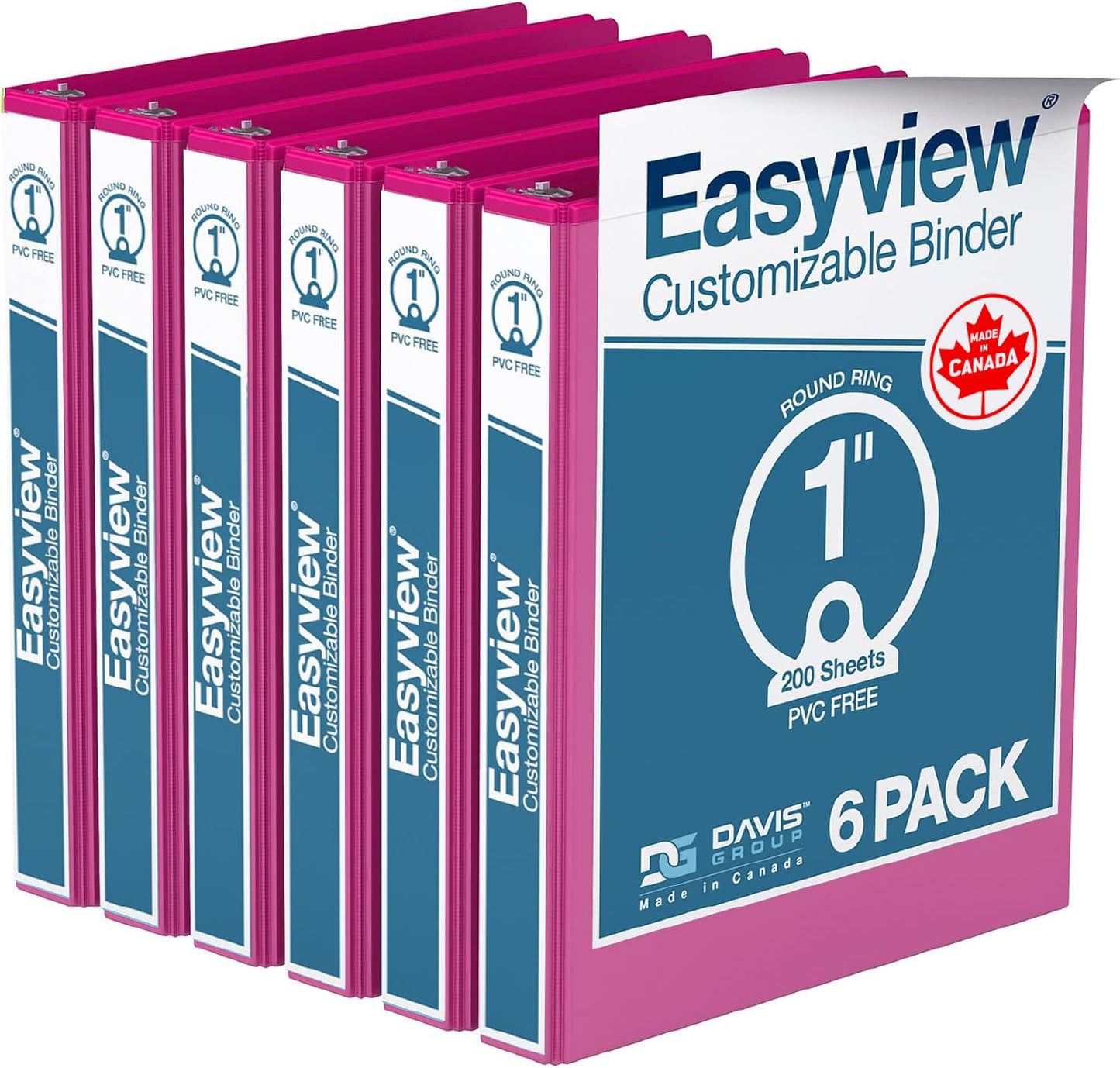 Easyview 3-Ring Binder, Clear-View Cover, 1" Round Rings, Pink, 6 Pack