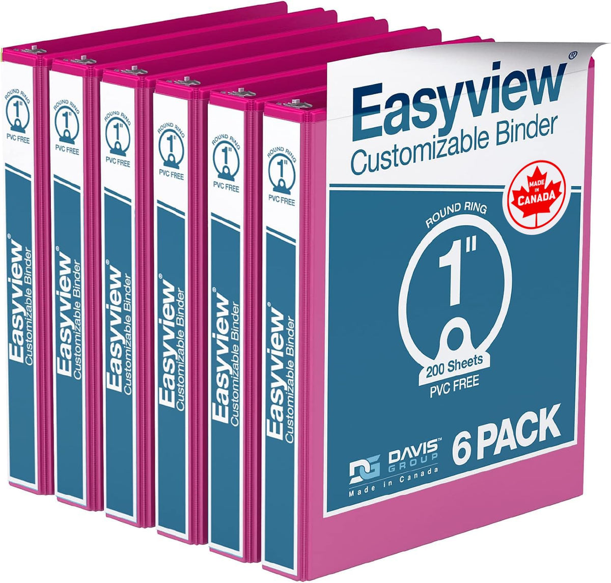 Easyview 3-Ring Binder, Clear-View Cover, 1" Round Rings, Pink, 6 Pack
