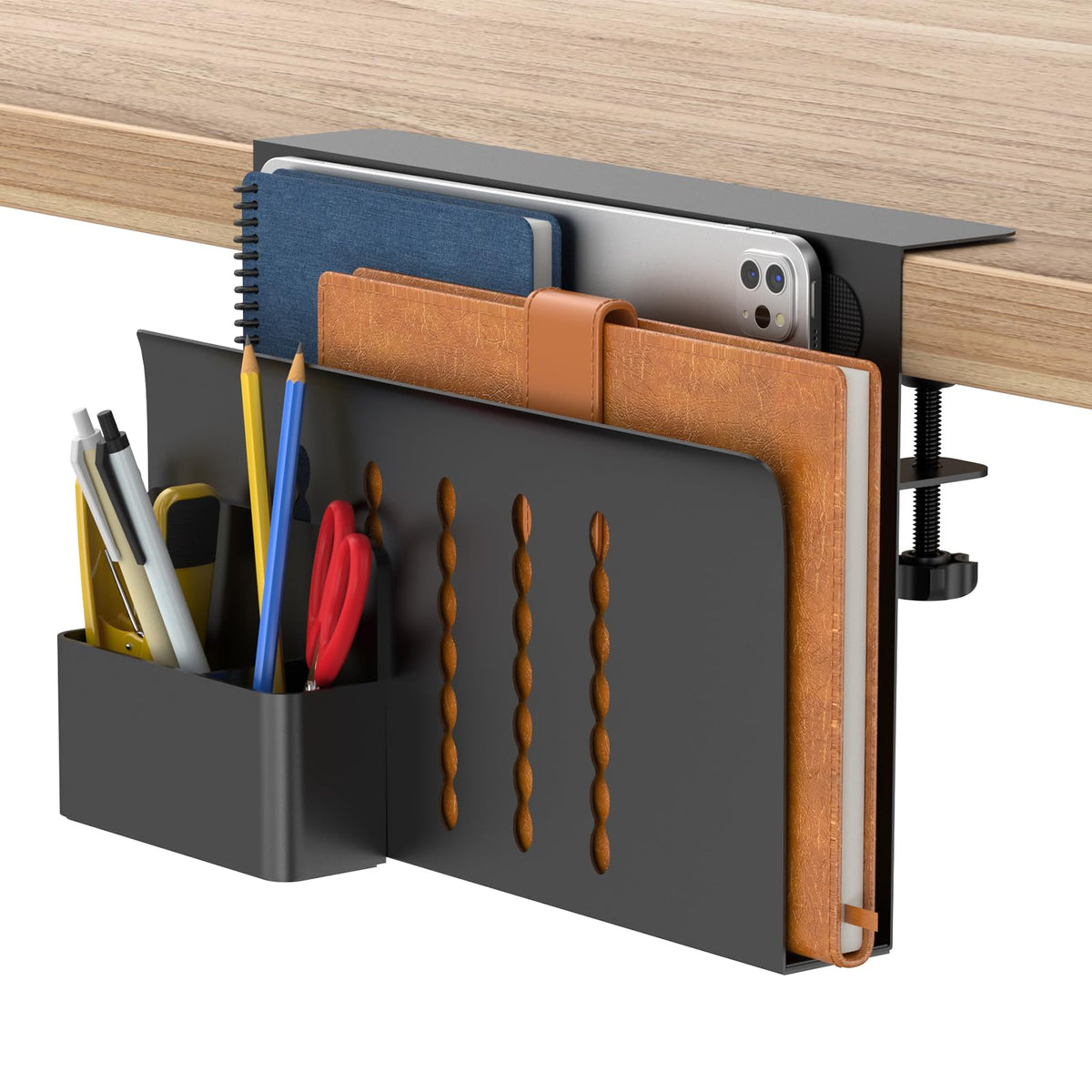 HAMOPY Desk Side Storage, Single-Layer Steel Hanging Desk Organizer with Magnetic Pen Holder, No