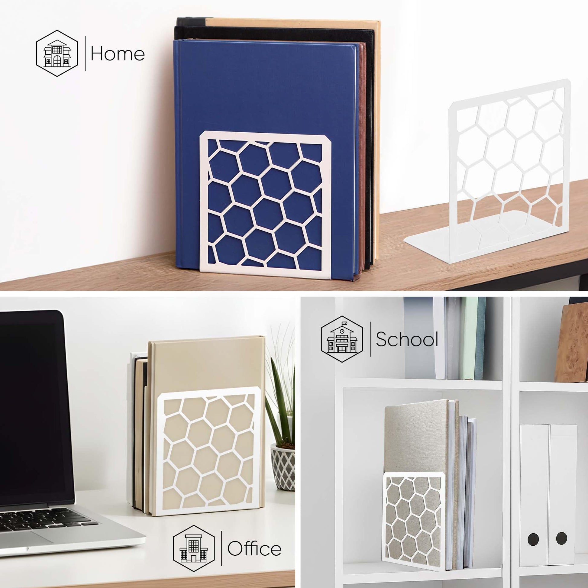 White Geometric Honeycomb Metal Bookends - Book Ends for Shelves - Decorative Modern Heavy Duty